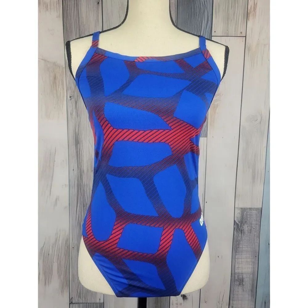 Arena Spider MaxLife Challenge Back Blue Red One Piece Training Swimsuit Size 36